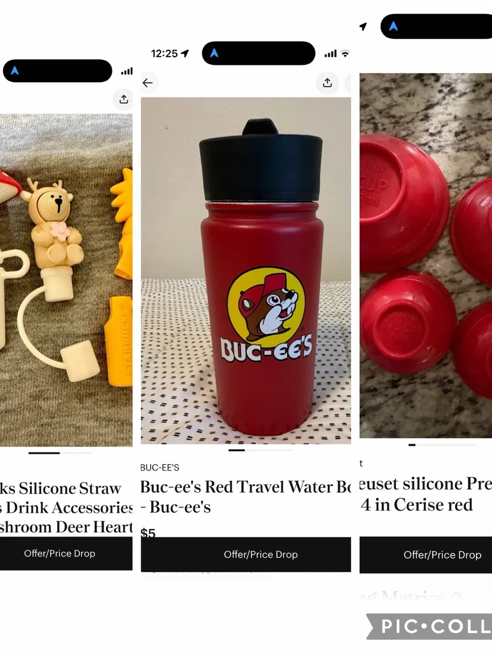 Buc-ees bottle, Le Creuset Silicone Measuring Cups and three